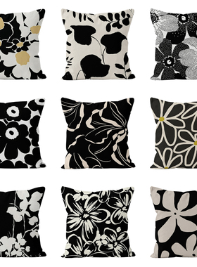 黑白花朵简约法式沙发抱枕靠垫卧室装饰客厅沙发抱枕法式复古创意