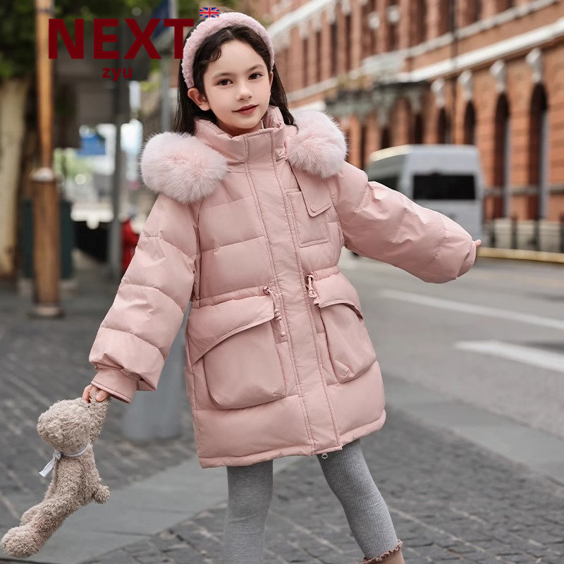 next zyu官方正品儿童羽绒服女童洋气白鸭绒中长款女孩冬季厚外套