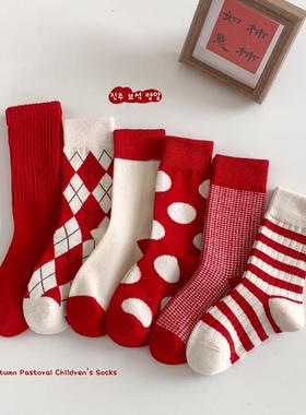 儿童红色袜子春秋冬韩版女童圆点男童条纹宝宝新年本命年中筒袜潮