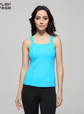现货PLAY YOGA女款长款运动健身时尚蓝色背心瑜伽服含胸垫