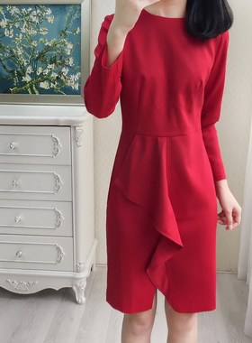 010904 荷叶边裙摆精纺羊毛圆领红色连衣裙女春装长袖P
