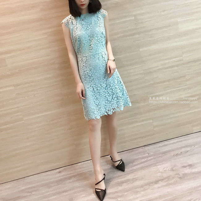 072360玉米女装 高雅淑女 坎肩袖包肩袖水溶蕾丝连衣裙G