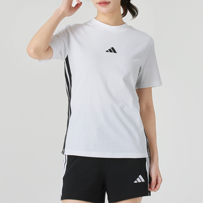 2025新款阿迪达斯女士圆领T恤 W 3S SJ T 纯棉透气白色T恤JY8576