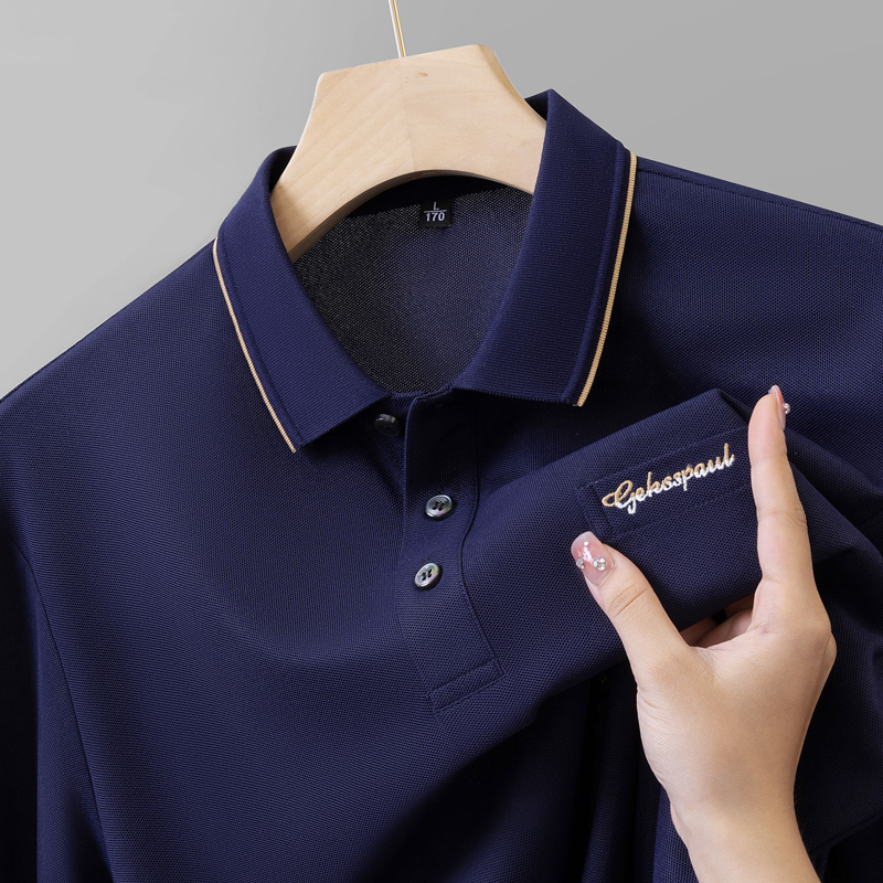 带口袋休闲上衣春秋季POLO衫中年翻领纯棉男士长袖t恤刺绣爸爸装