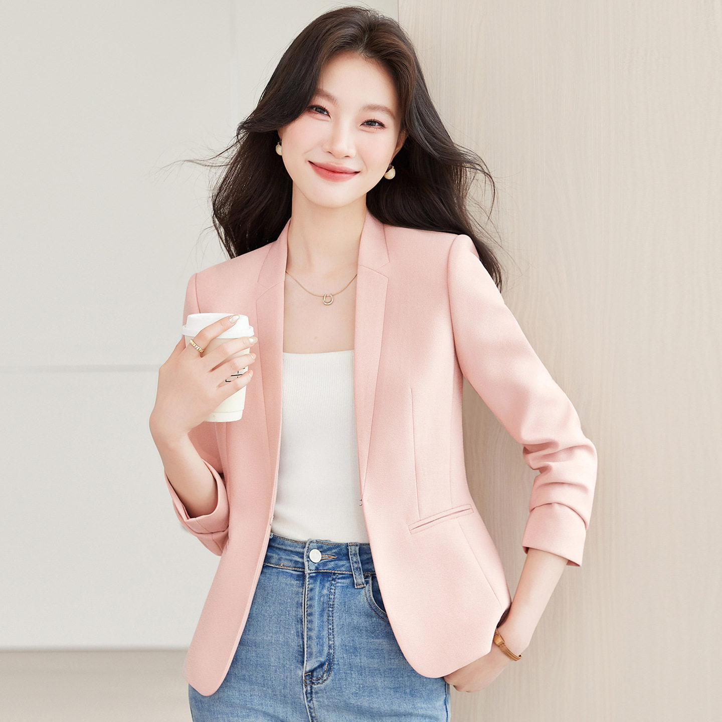 粉色修身西装女外套秋季新款