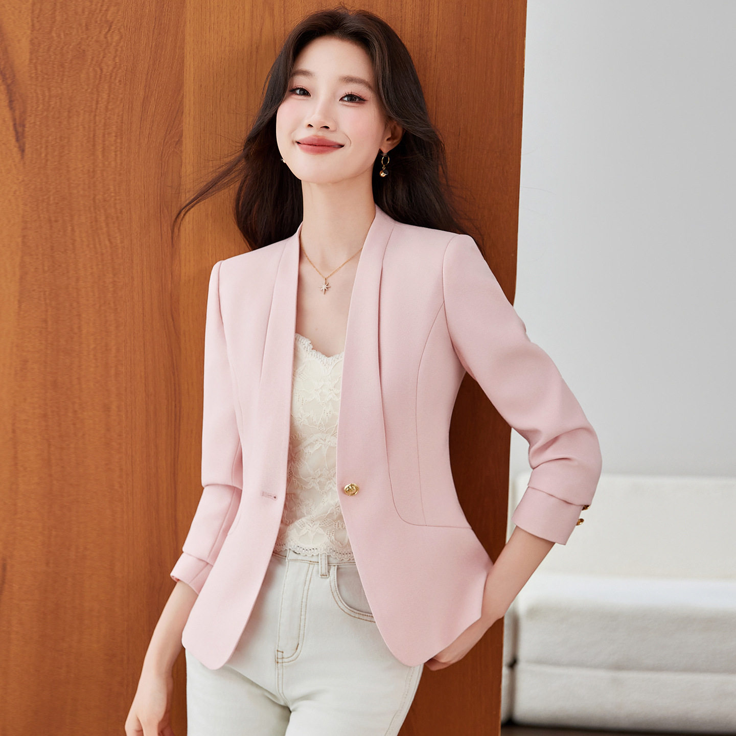 粉色无领短款小个子西装外套女