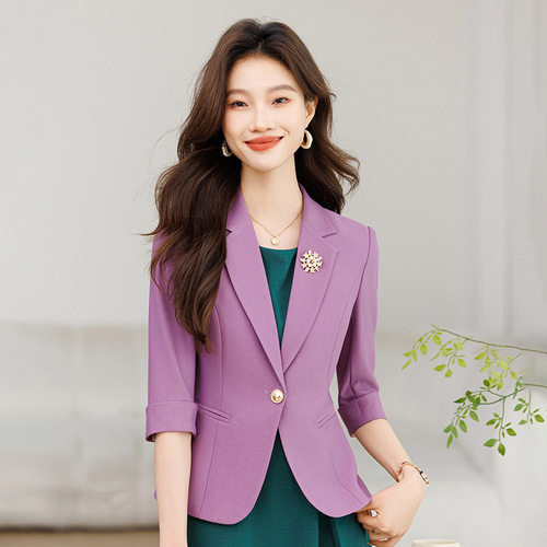 紫色七分袖小西装春夏新款西服