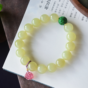 一斤钻戒 天然和田玉黄口料搭配辣色翡翠手串 大圆珠 18K金粉碧玺