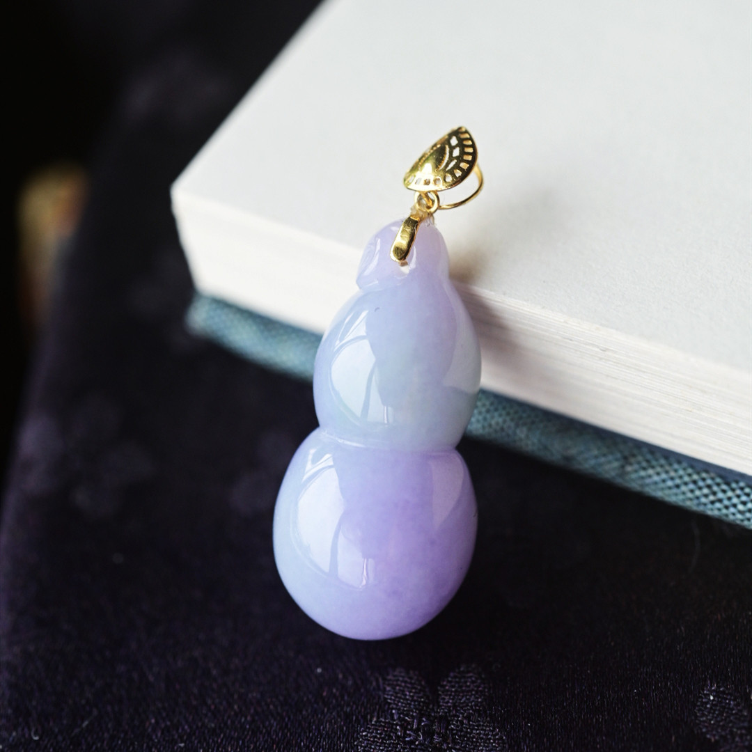 一斤钻戒 一物一图 天然缅甸A货翡翠吊坠 紫罗兰小葫芦 18K金扣头