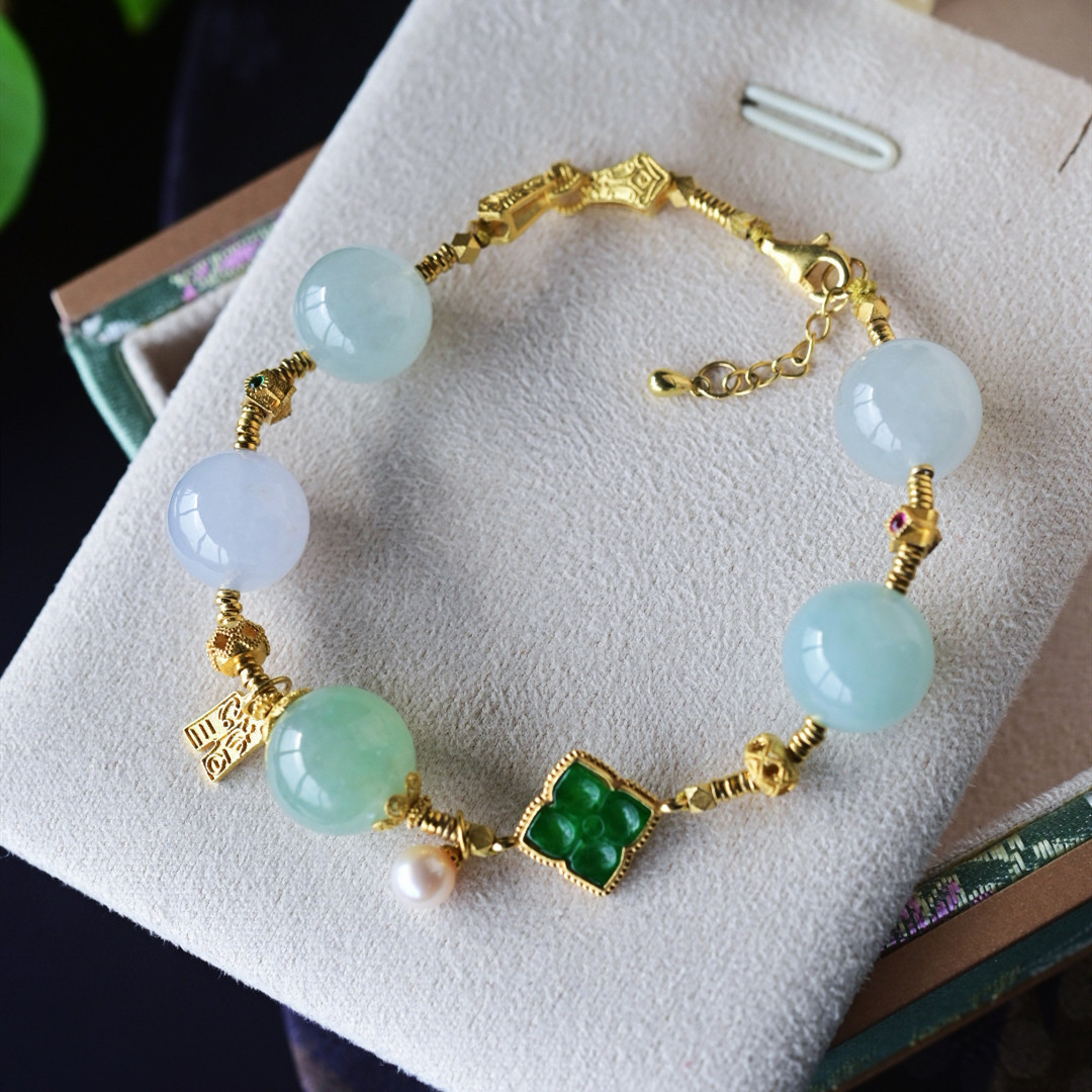 一斤钻戒 天然缅甸A货翡翠手链手串 冰种大圆珠 18k金手链