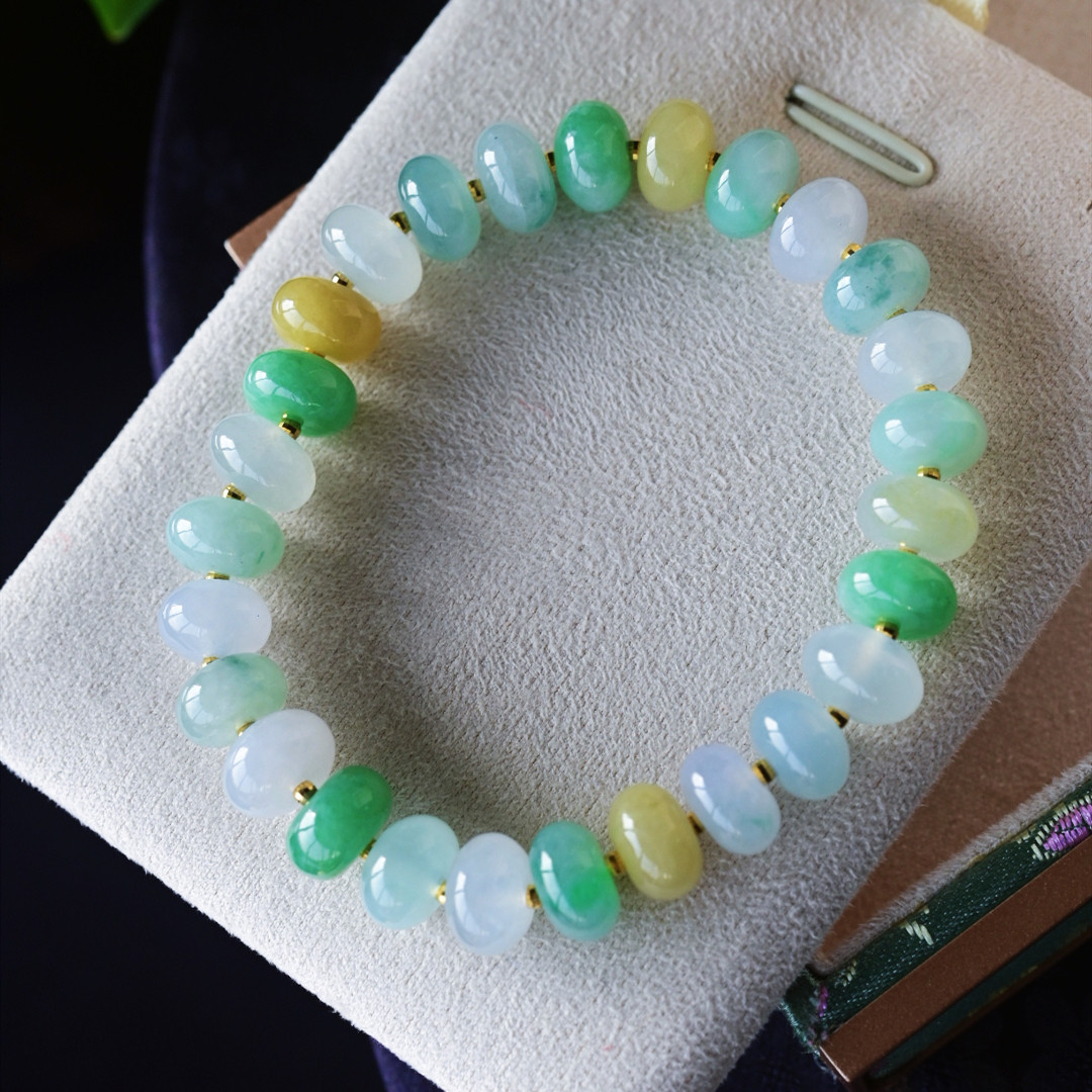 一斤钻戒 天然缅甸A货翡翠手串 胖嘟嘟的算牌珠串 18k金