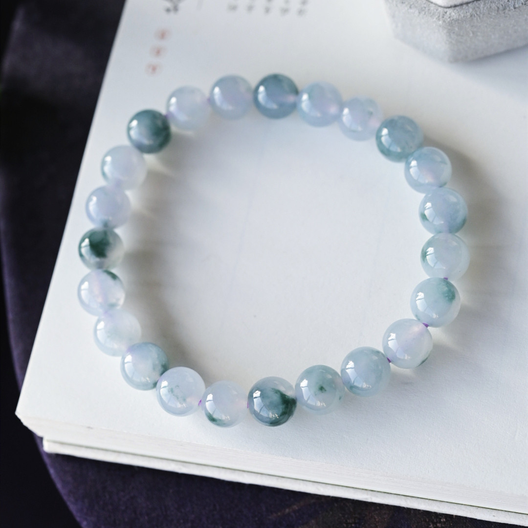 一斤钻戒 天然缅甸A货翡翠手串 冰紫底飘蓝花翡翠圆珠手串