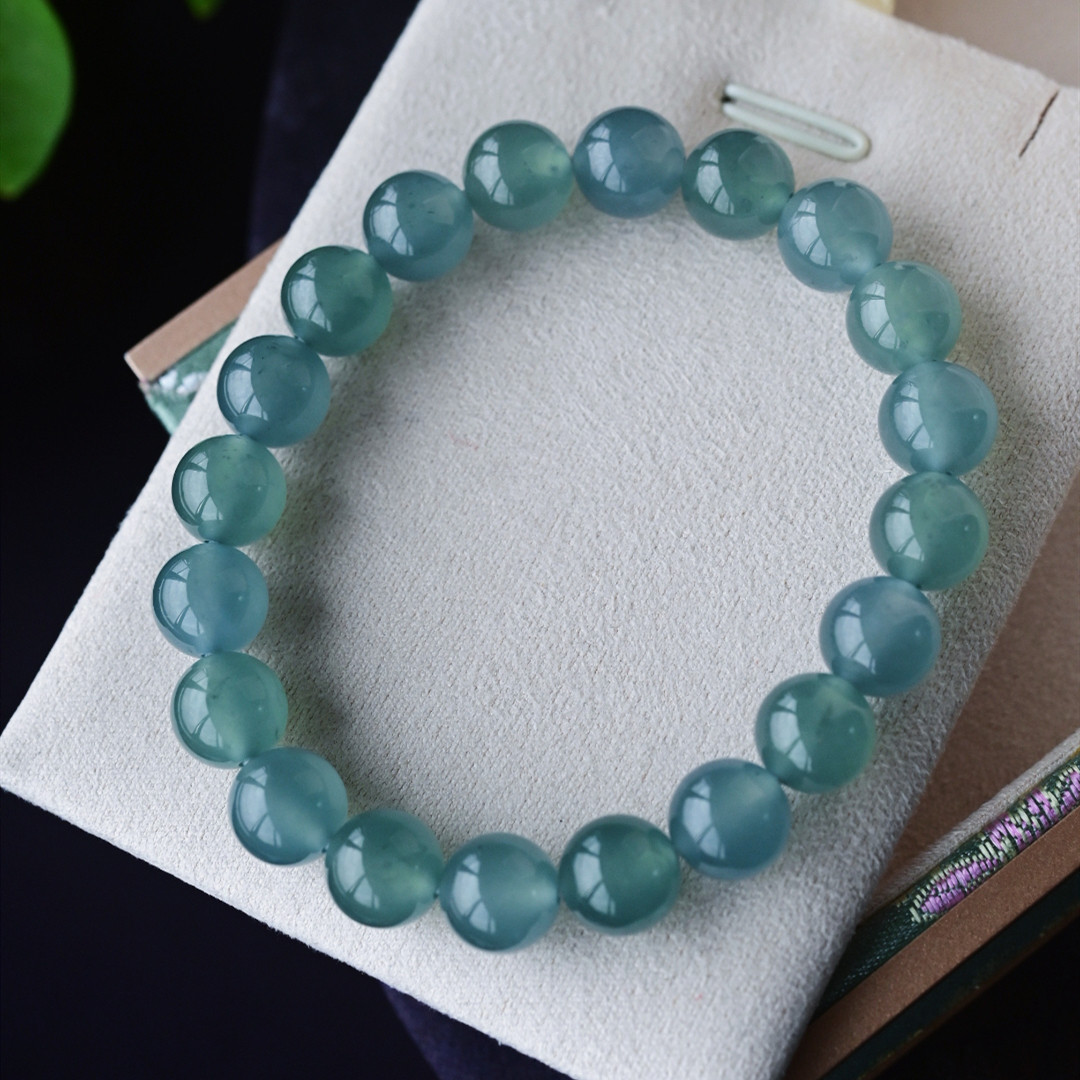 一斤钻戒 天然A货翡翠手串  冰种蓝水大圆珠手串