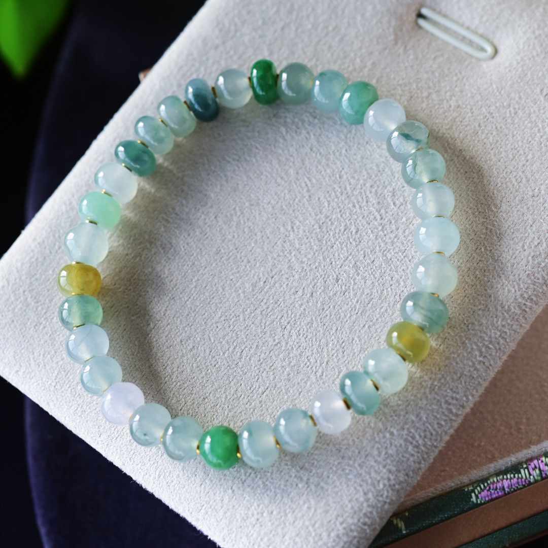 一斤钻戒 天然缅甸A货翡翠手串手链 胖嘟嘟的算牌珠串 18k金