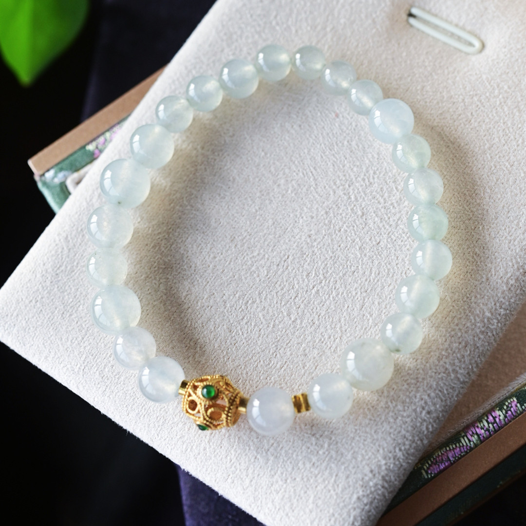 一斤钻戒 天然缅甸A货翡翠手串 白冰圆珠串 18k金