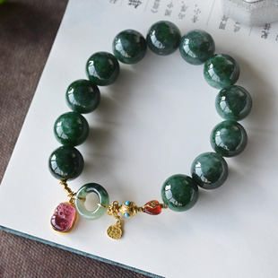 一斤钻戒 一物一图 天然缅甸A货翡翠手串 深邃浓郁 18K金粉碧玺