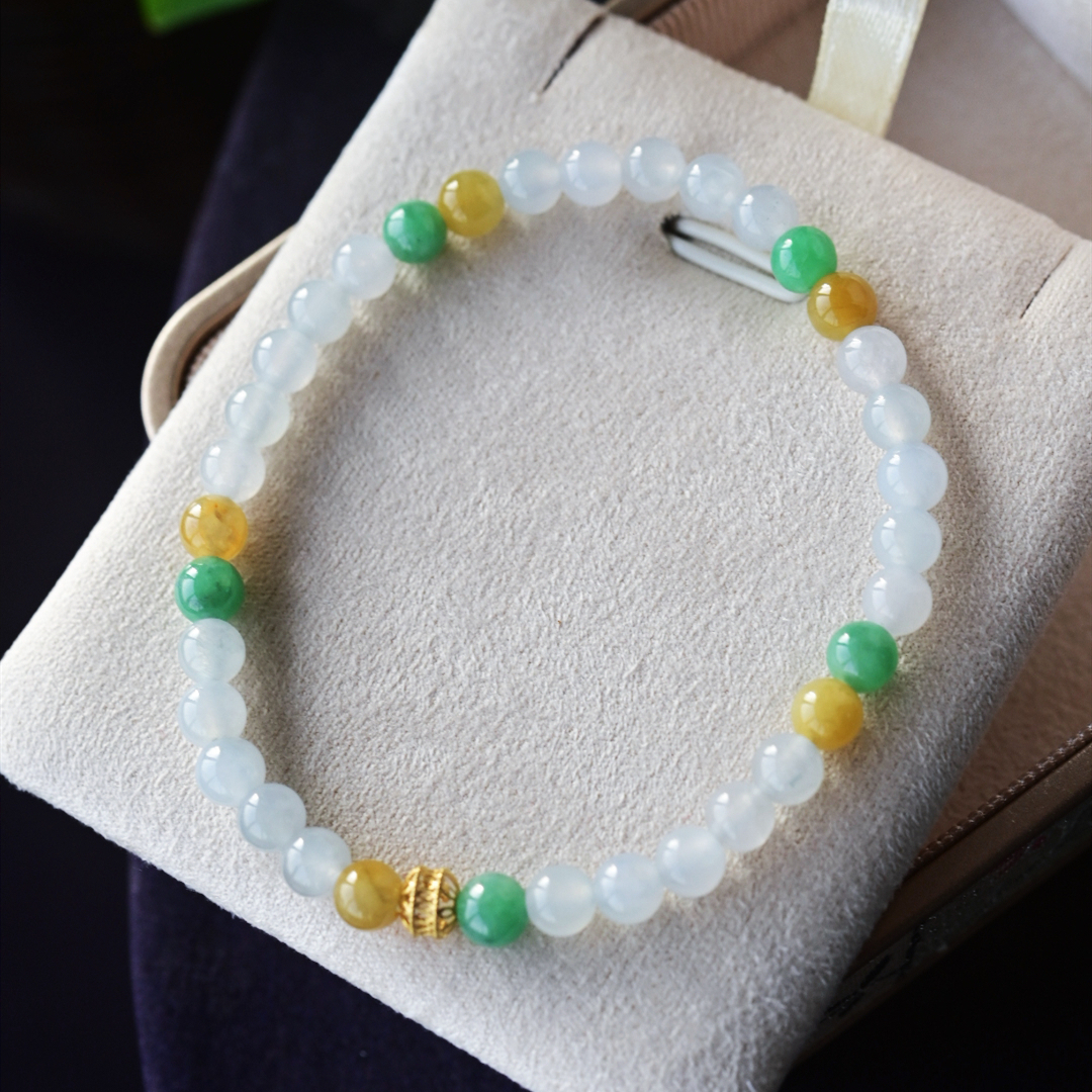 一斤钻戒 天然缅甸A货翡翠手串手链 翡翠三彩 18k金