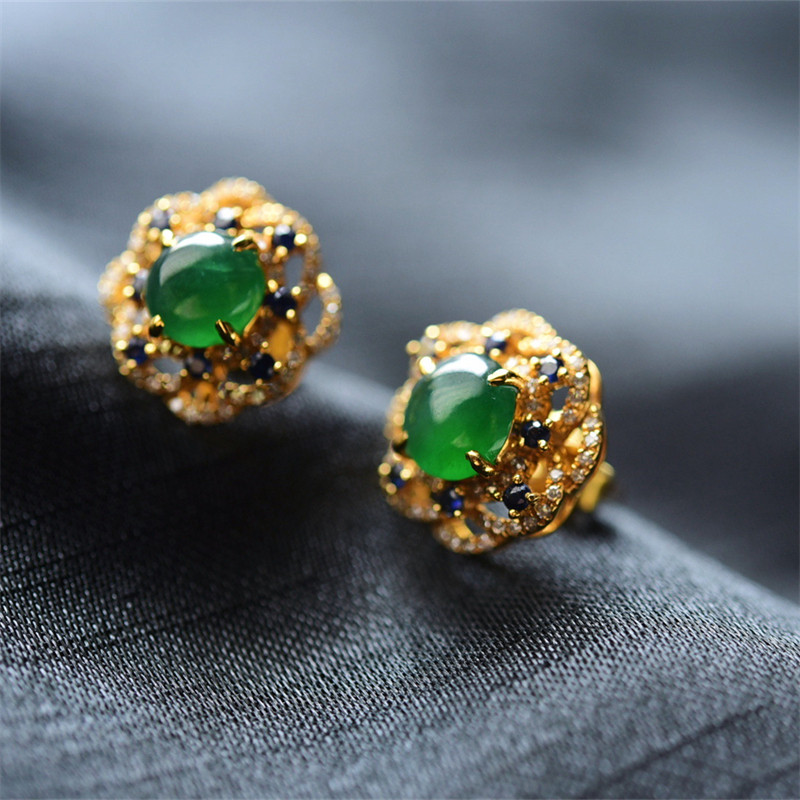 一斤钻戒 一物一图 天然缅甸A货翡翠耳环 18k金南非钻石围嵌