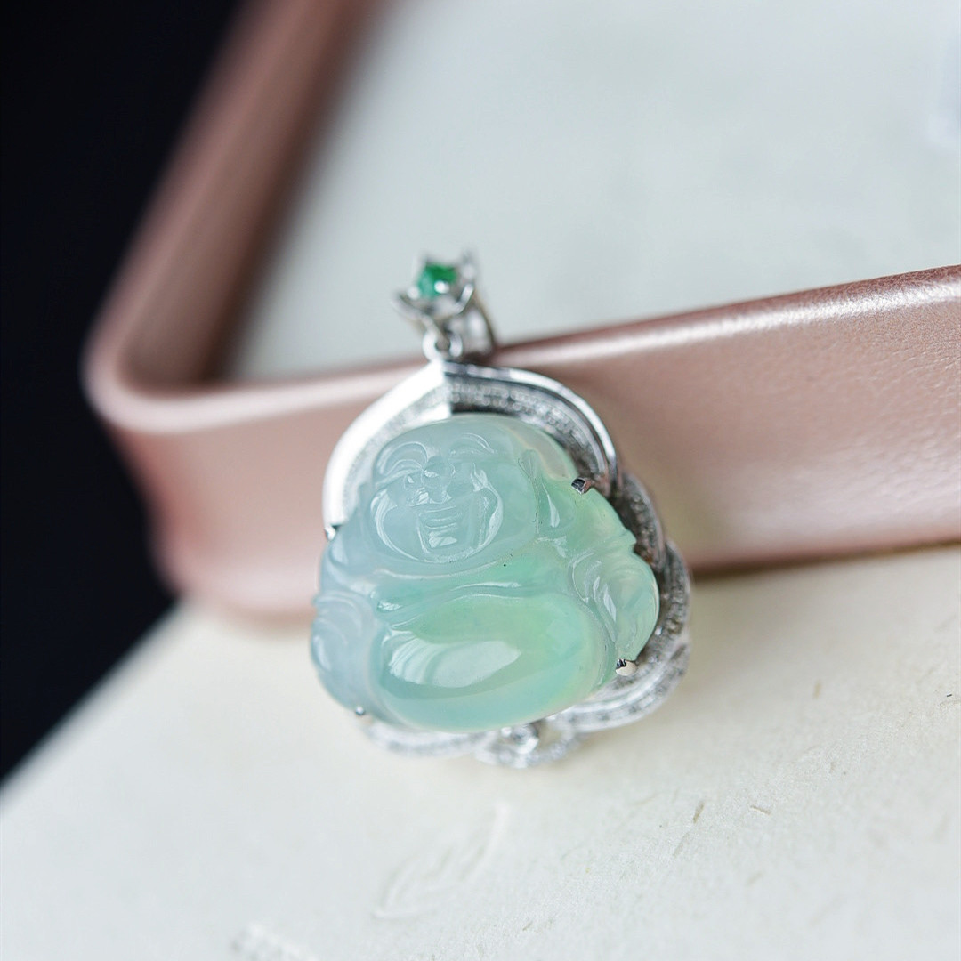 一斤钻戒 一物一图 天然缅甸A货翡翠佛公吊坠 18K金 立体饱满