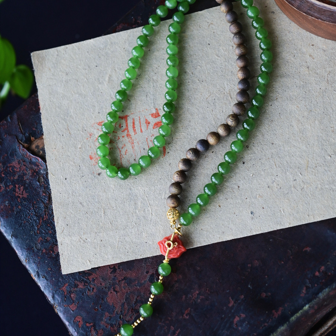 一斤钻戒 天然和田碧玉＋沉香手链项链 18K金南红 万能扣一款多用