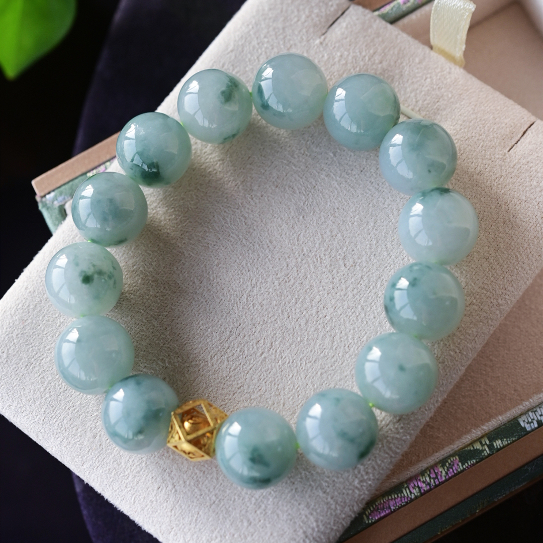 一斤钻戒 天然缅甸A货翡翠手串 大圆珠串子 18k金