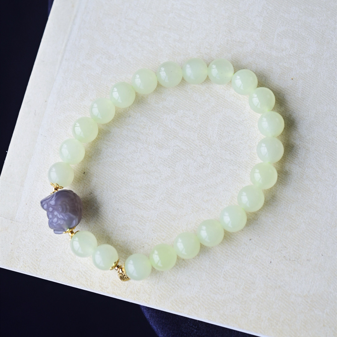 一斤钻戒 天然和田玉黄口料＋烟紫醒狮手串 18K金 清新自然又显白