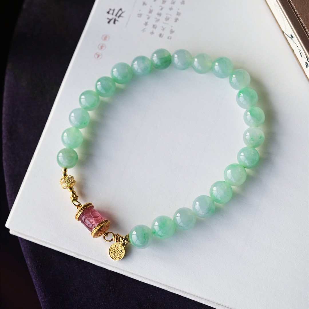 一斤钻戒 天然缅甸A货翡翠手串 冰绿圆珠翡翠 18k金碧玺