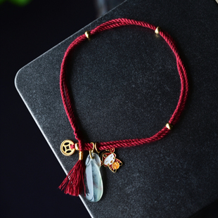 一斤钻戒 天然A货翡翠18K金红绳手链 冰种起光料 单戴叠戴都好看