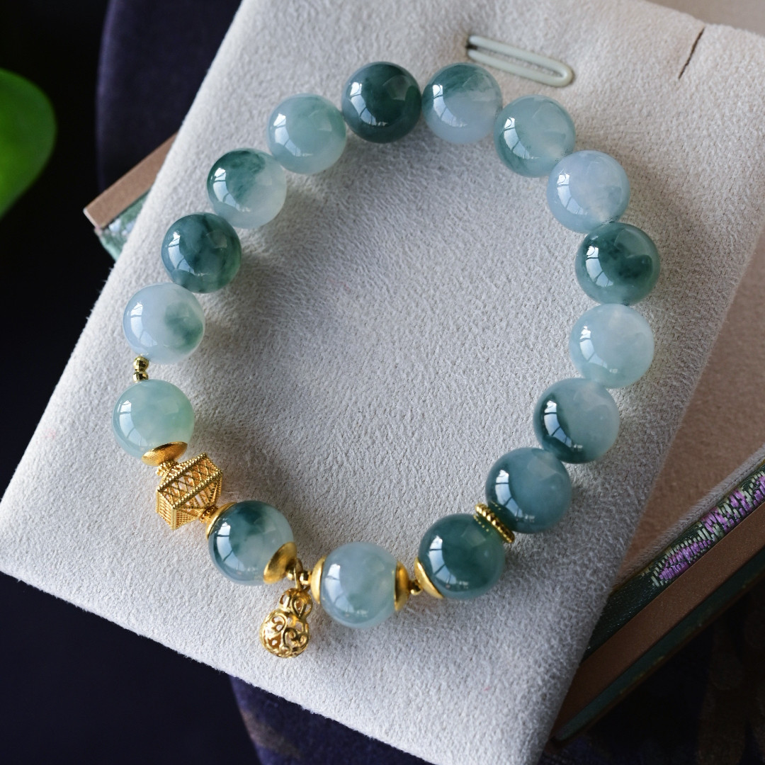 一斤钻戒 天然缅甸A货翡翠手串 冰种飘花大圆珠 18k金