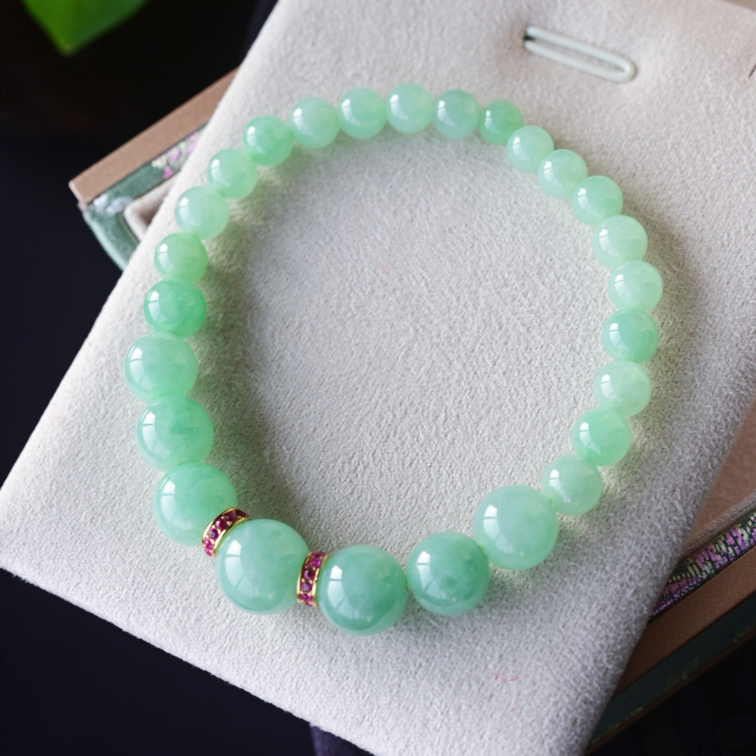 一斤钻戒 天然缅甸A货翡翠手串 冰甜绿翡翠圆珠串 18k金