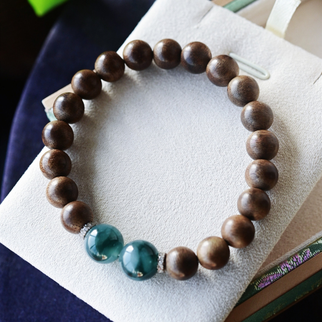 一斤钻戒 天然缅甸A货翡翠手串 冰种飘花大珠 沉香木手串