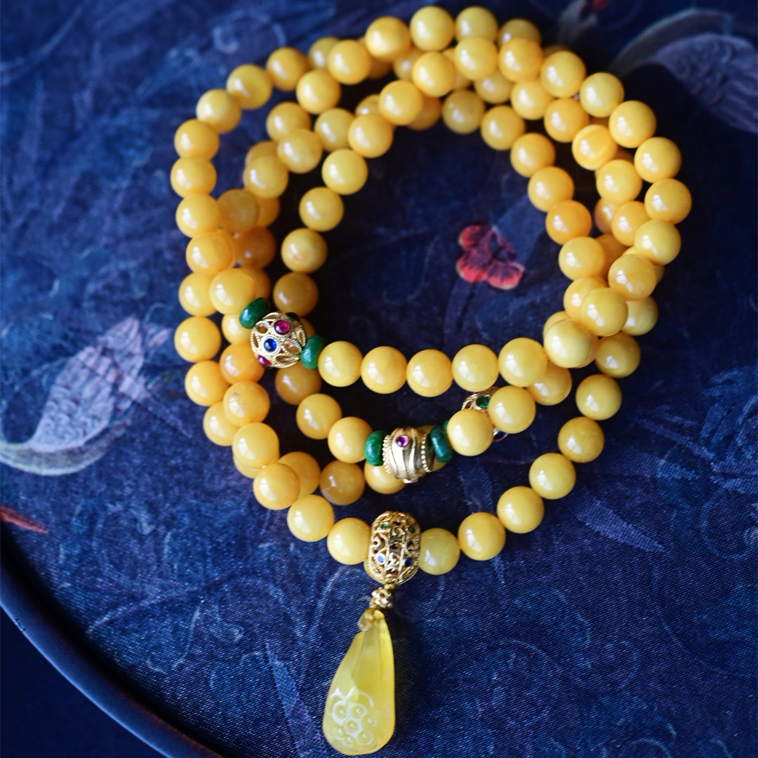 一斤钻戒 天然原矿蜜蜡108颗 手链项链 蜡质醇厚 漂亮 18K金翡翠