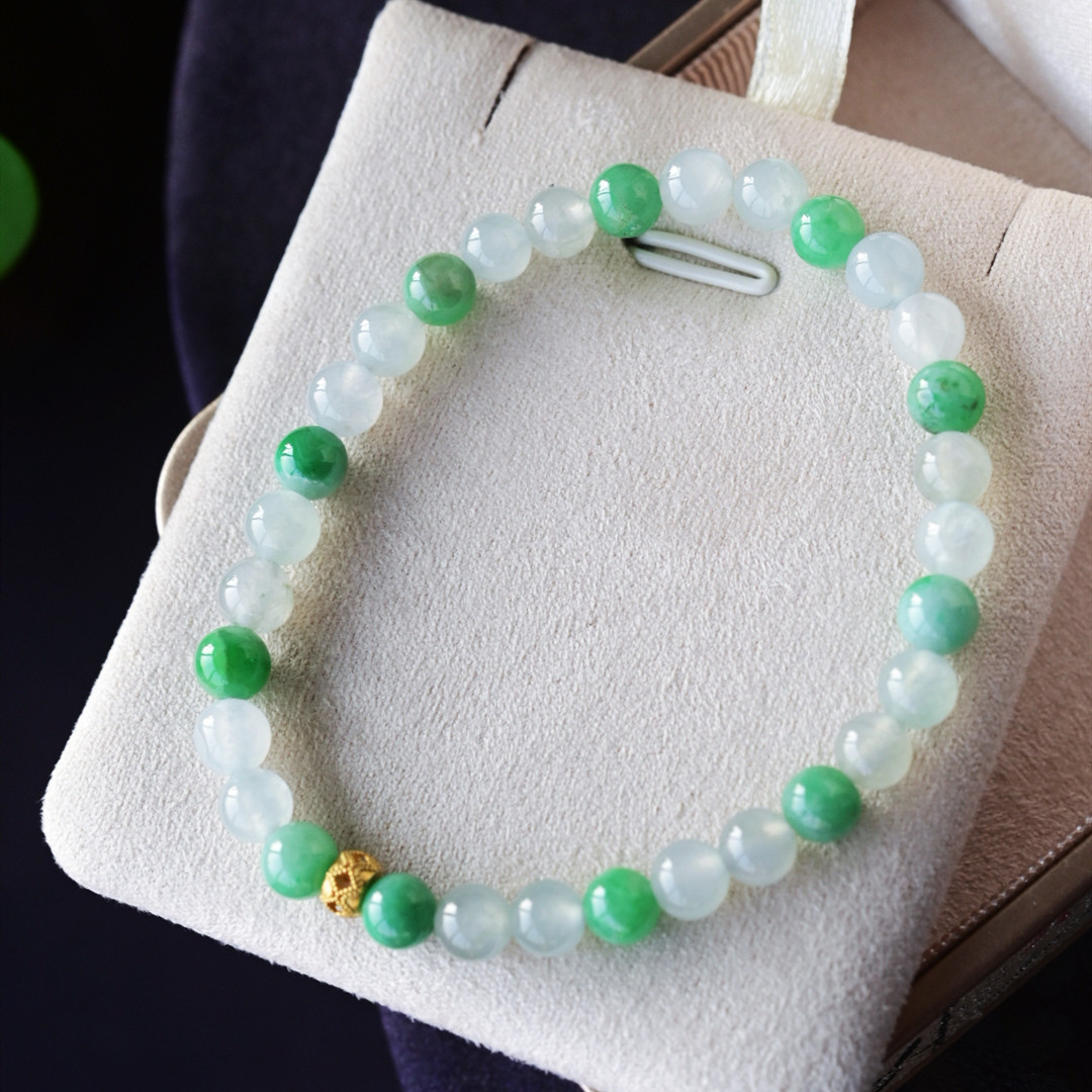 一斤钻戒 天然缅甸A货翡翠手串 清爽冰圆珠串 18k金