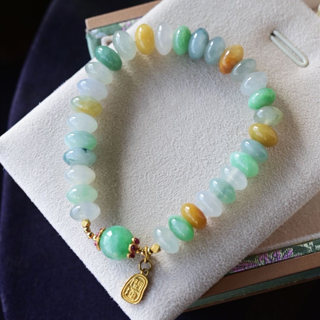 一斤钻戒 天然缅甸A货翡翠手串手链 胖算了珠串 18k金