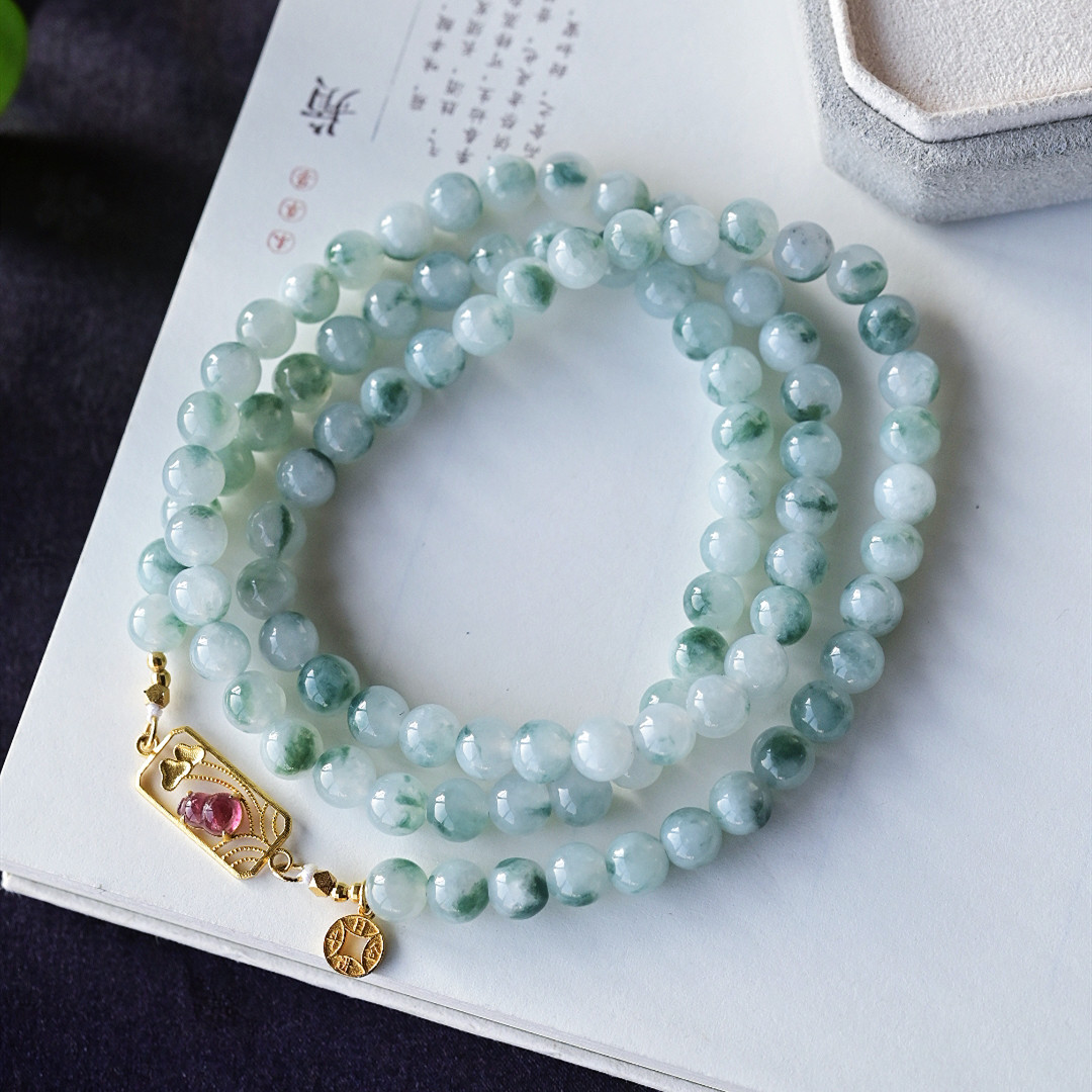 一斤钻戒 天然缅甸A货翡翠手链项链毛衣链冰底飘花 18k金碧玺葫芦