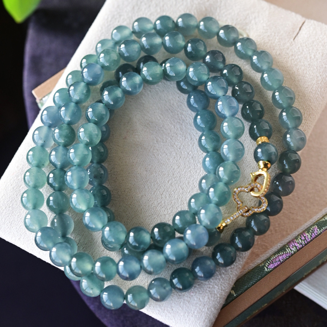 一斤钻戒 天然A货翡翠手链项链 毛衣链 冰蓝水翡翠圆珠项链 18k金