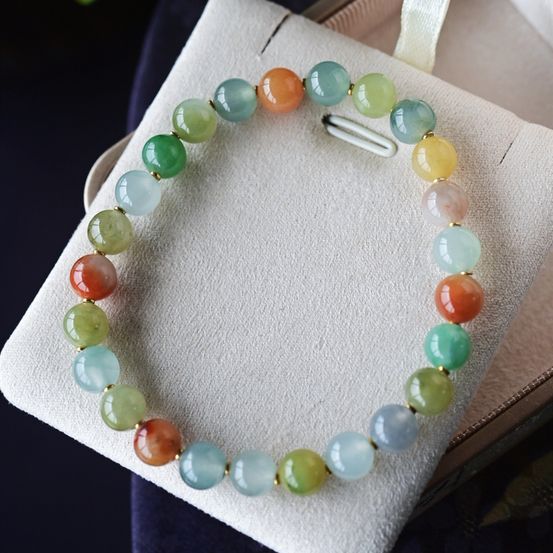 一斤钻戒 天然缅甸A货翡翠手链手串 多彩圆珠翡翠手串 18k金