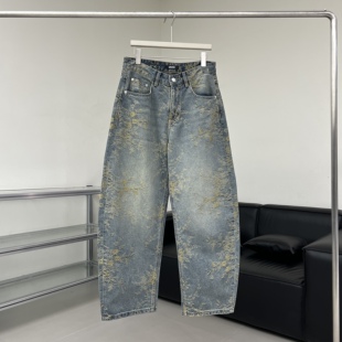 2026春夏款美式复古提花刺绣牛仔裤男宽松直筒阔腿休闲长裤子潮牌