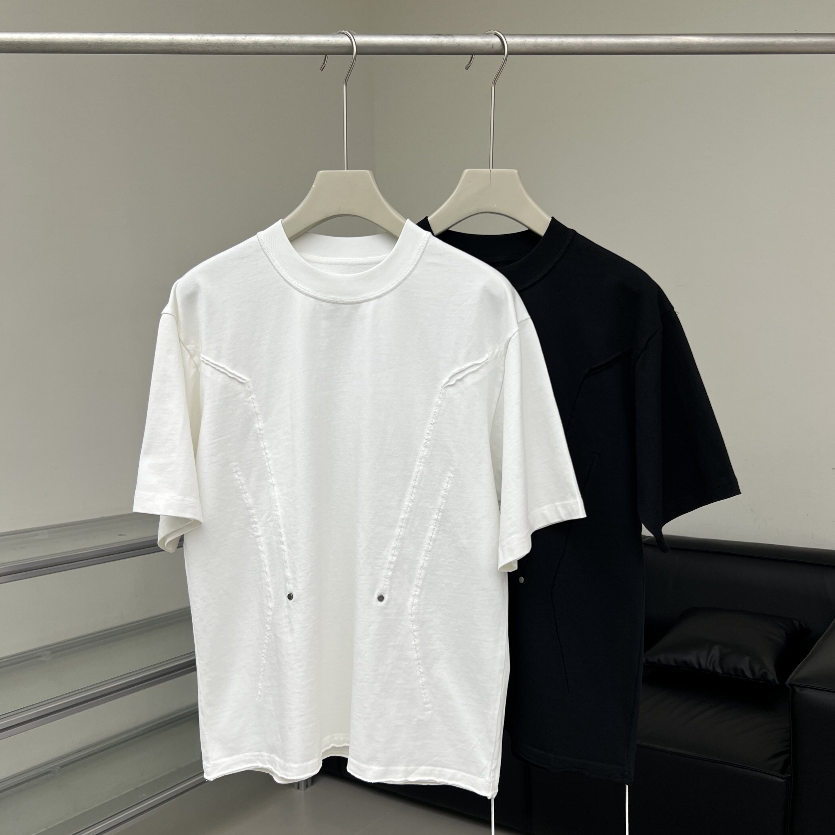 美式复古铆钉解构螺纹拼接短袖男女款正肩显瘦boxy短款宽松T恤