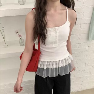 韩代ins博主同款吊带背心女超好看双层蕾丝下摆内搭屁帘叠穿上衣