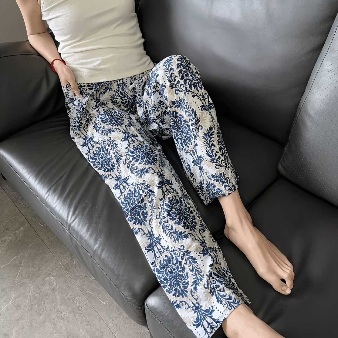 夏季棉绸睡裤女士大码有口袋九分家居裤人造棉月子裤可外穿休闲裤