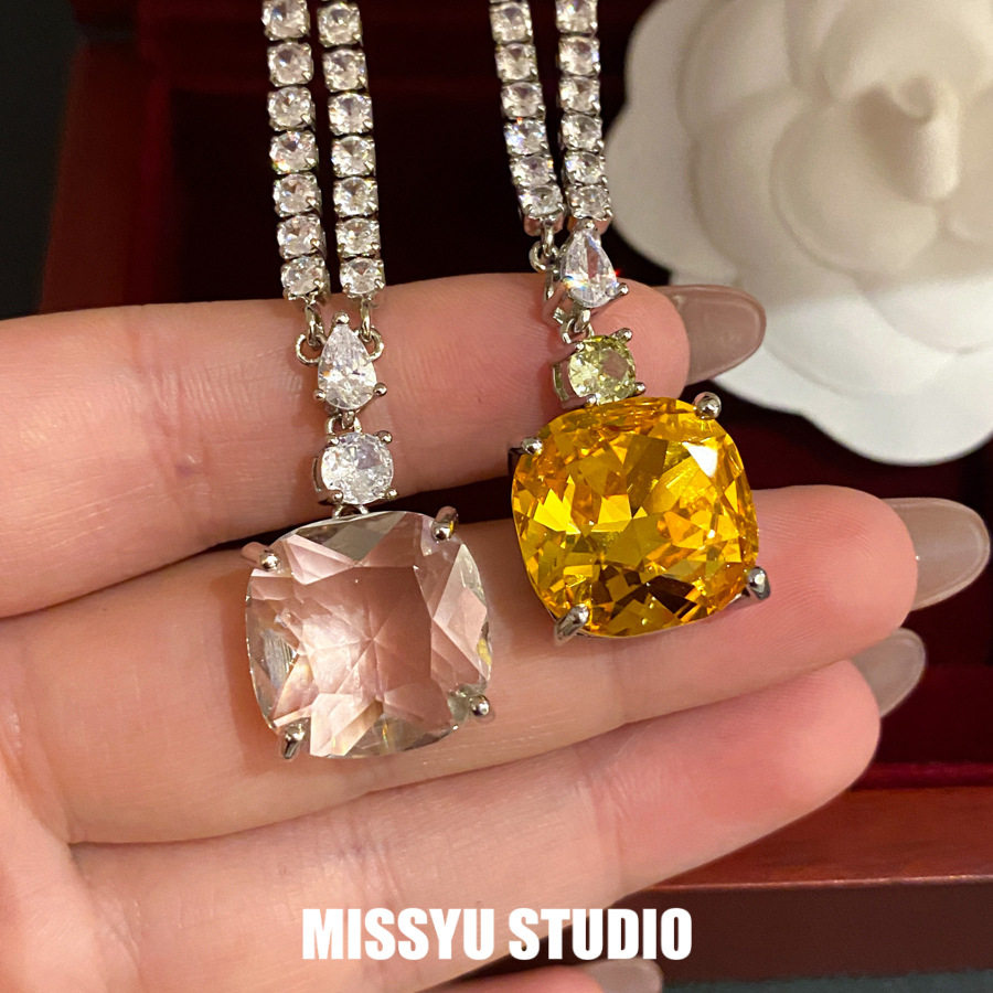 满钻缀链!锆石方形吊坠项链中古vintage锁骨链小众设计感项饰女