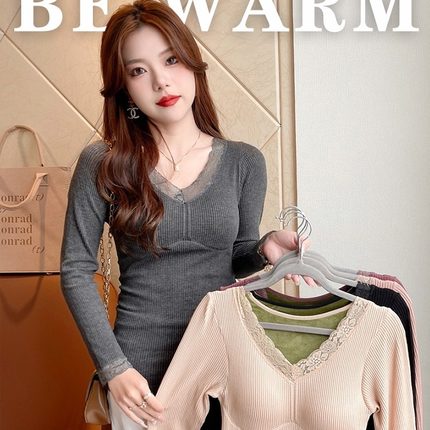 加绒加厚打底衫女装秋冬蕾丝V领长袖保暖上衣修身内搭发热内衣服