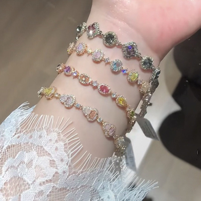 高颜值!奢华彩色椭圆锆石花朵手链夏日甜美风手环轻奢高级感手饰