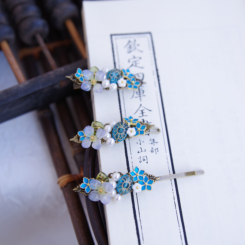 原创中式复古宫廷发饰仿点翠烧蓝旗袍发夹民国风珍珠发卡鸭嘴夹
