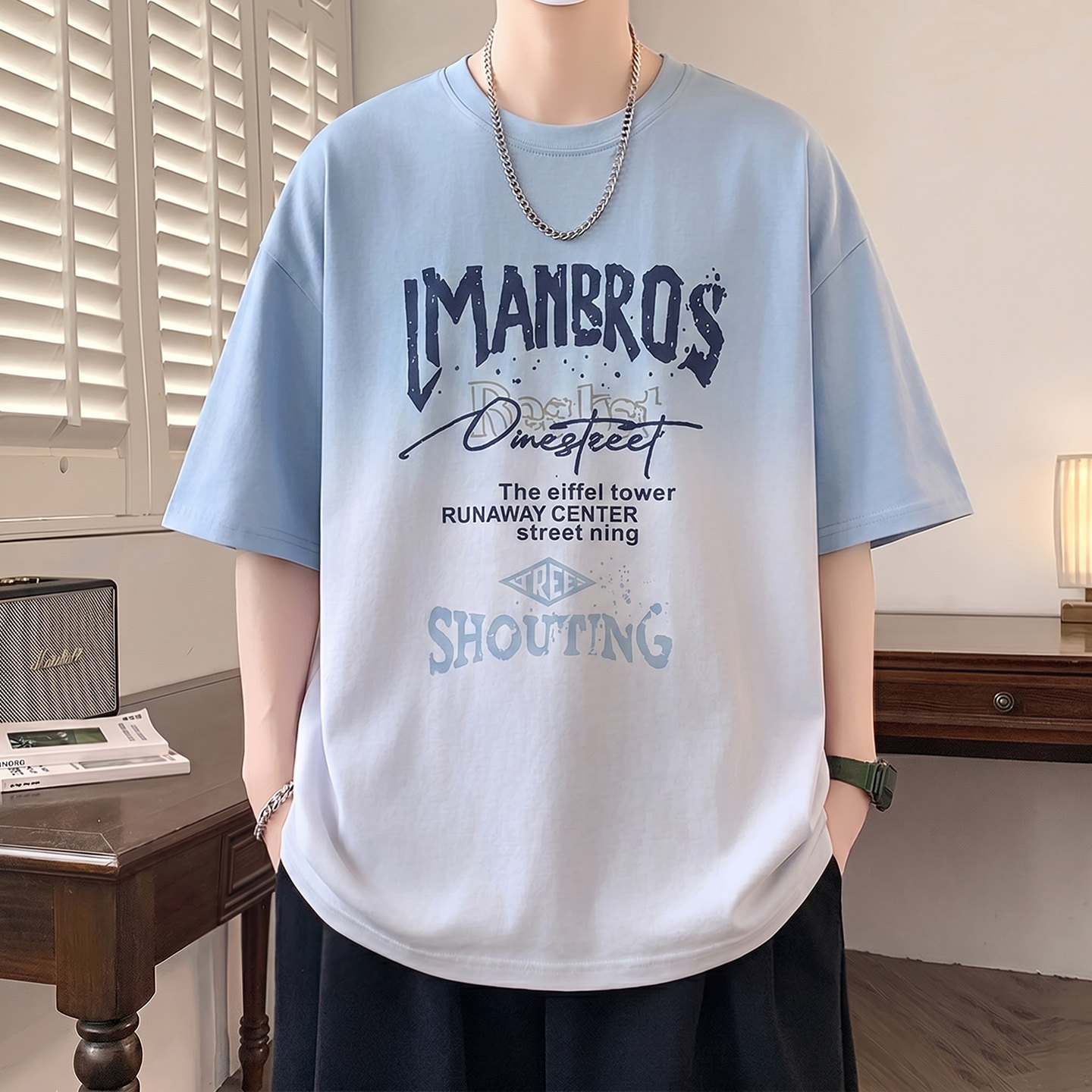 渐变短袖t恤男孩夏季新款初中生青少年宽松大童休闲半袖上衣服潮