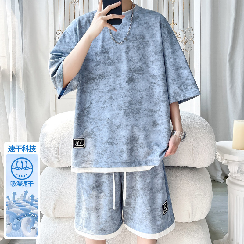 扎染短袖t恤男孩夏季新款青少年初高中学生冰丝大童运动休闲套装