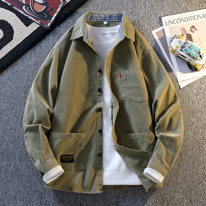 灯芯绒衬衫外套男生青少年学生春秋季新款翻领夹克男装士潮流衬衣