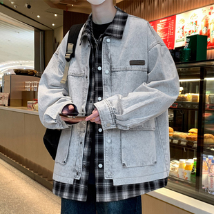 假两件牛仔外套男生春秋季新款衬衫式夹克男装士帅气潮牌格子上衣