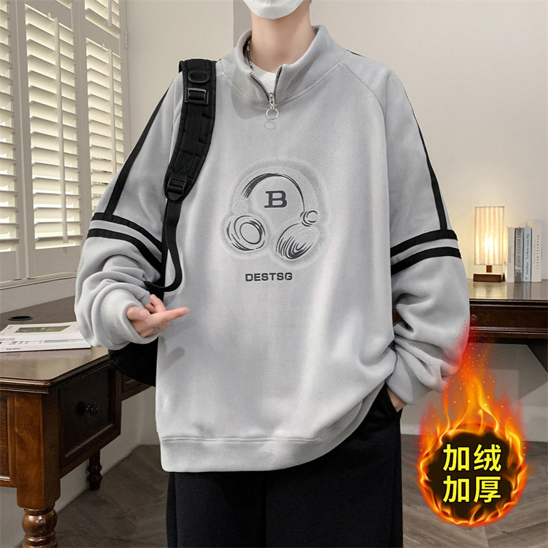 半拉链立领卫衣男孩秋冬季新款加绒加厚中学生青少年打底衫男装潮